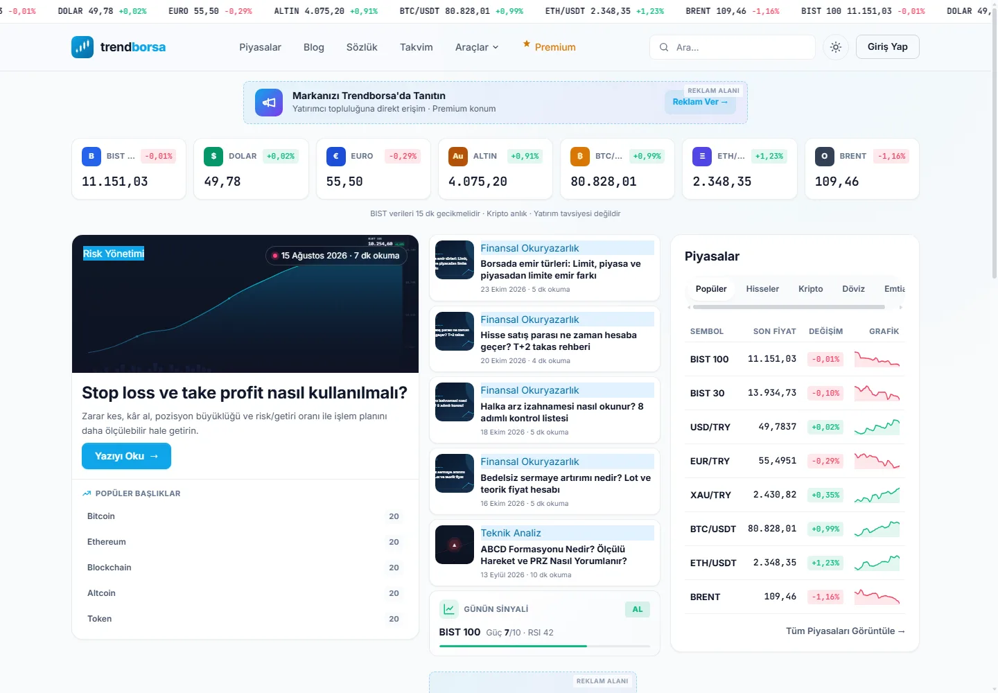 Borsa ve Finans Portalı Yazılımı – TrendBorsa — gerçek demo ekranı