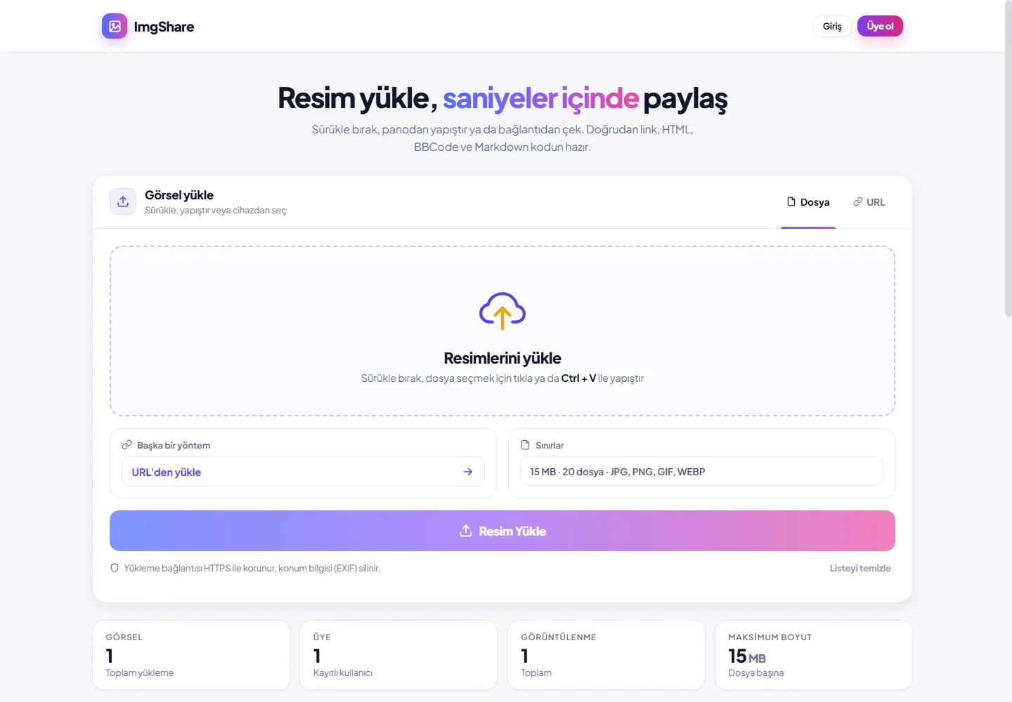 ImgShare – Resim Yükleme ve Paylaşım Scripti — gerçek demo ekranı